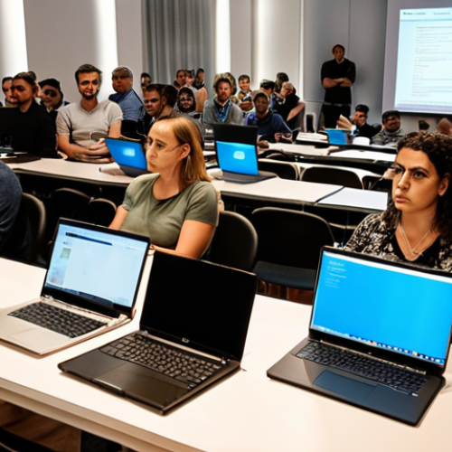 Home 15 **A cybersecurity workshop in Lisbon, Portugal. Participants are attentively listening to a speaker presenting on phishing awareness. Modern laptops and coffee cups are on the tables.**