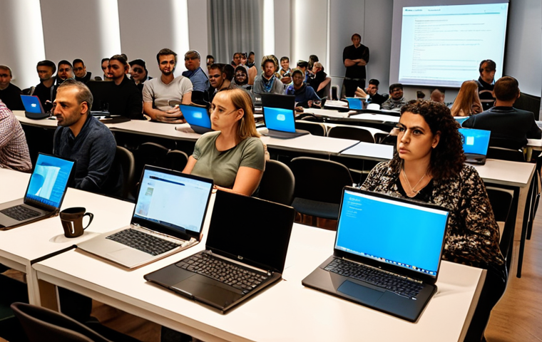 **A cybersecurity workshop in Lisbon, Portugal. Participants are attentively listening to a speaker presenting on phishing awareness. Modern laptops and coffee cups are on the tables.**