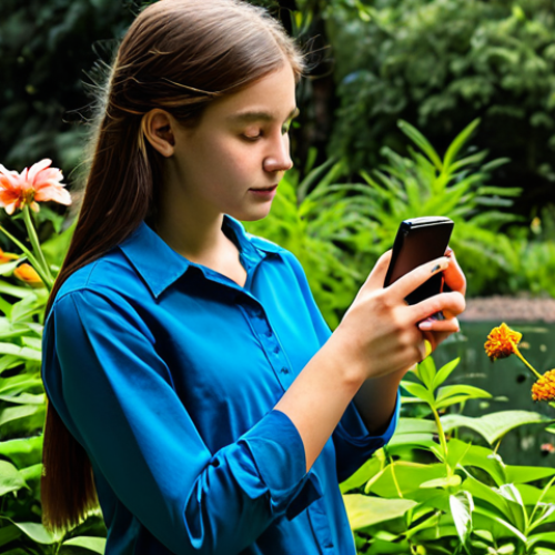 Home 14 A focused young adult female, fully clothed in modest outdoor clothing, stands in a vibrant botanical garden. She holds a smartphone, aiming its camera at a colorful butterfly perched gently on a delicate flower. The scene is bathed in bright, natural daylight. Perfect anatomy, correct proportions, natural pose, well-formed hands, proper finger count, natural body proportions. Professional photography, high-resolution, vivid colors, clear focus. Safe for work, appropriate content, fully clothed, modest, family-friendly.