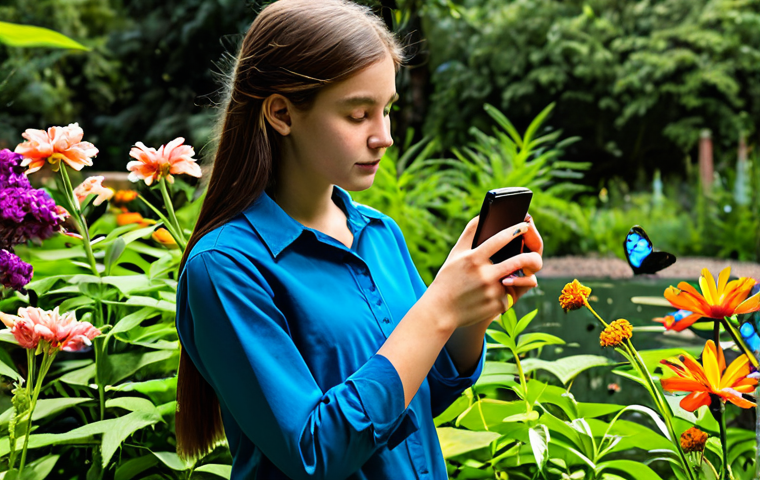 A focused young adult female, fully clothed in modest outdoor clothing, stands in a vibrant botanical garden. She holds a smartphone, aiming its camera at a colorful butterfly perched gently on a delicate flower. The scene is bathed in bright, natural daylight. Perfect anatomy, correct proportions, natural pose, well-formed hands, proper finger count, natural body proportions. Professional photography, high-resolution, vivid colors, clear focus. Safe for work, appropriate content, fully clothed, modest, family-friendly.