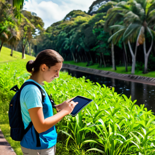 Home 7 A focused young adult, engaged in citizen science, wearing practical outdoor clothing, using a tablet to record observations of local flora in a vibrant, sunlit Brazilian park. The background shows lush greenery and a hint of a walking path. The individual is fully clothed, modest clothing, appropriate attire, natural pose. professional photography, high quality, perfect anatomy, correct proportions, well-formed hands, proper finger count, natural body proportions, safe for work, appropriate content, family-friendly.