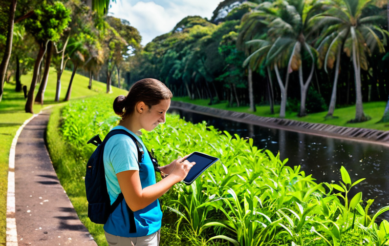A focused young adult, engaged in citizen science, wearing practical outdoor clothing, using a tablet to record observations of local flora in a vibrant, sunlit Brazilian park. The background shows lush greenery and a hint of a walking path. The individual is fully clothed, modest clothing, appropriate attire, natural pose. professional photography, high quality, perfect anatomy, correct proportions, well-formed hands, proper finger count, natural body proportions, safe for work, appropriate content, family-friendly.