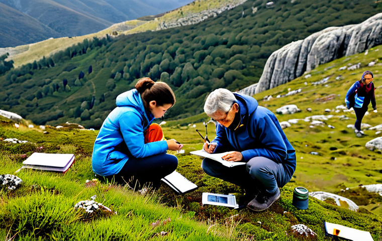 Citizen Science in Action**

"A diverse group of people, families and individuals, fully clothed in appropriate attire, participating in a citizen science project in the Serra da Estrela mountains. They are examining lichen samples, using magnifying glasses and notebooks, surrounded by the natural beauty of the landscape. The scene is well-lit, showing clear details of the lichen and the participants' engaged expressions. Safe for work, appropriate content, professional, modest clothing, perfect anatomy, natural proportions, family-friendly, high quality photography."

**