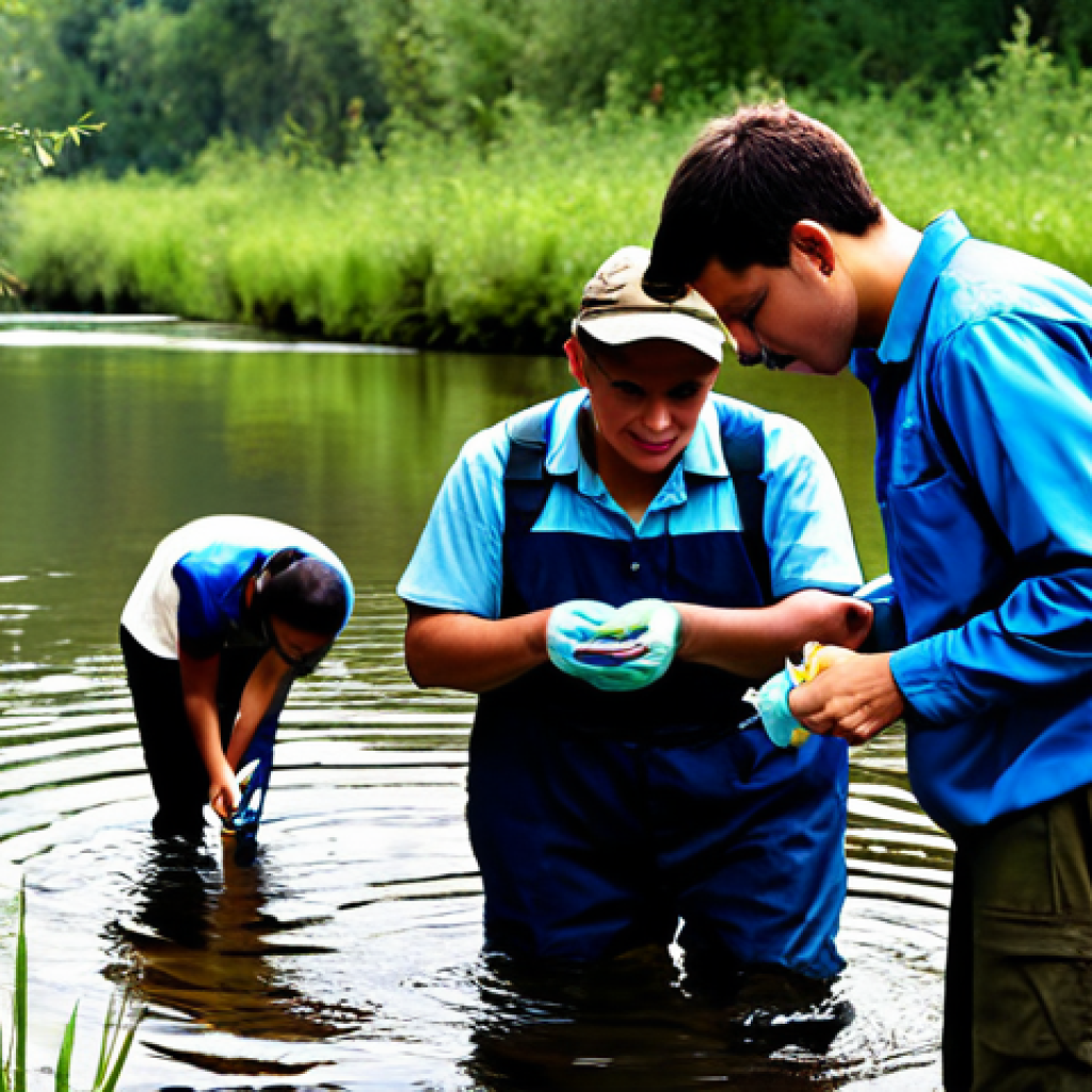 "A group of fully clothed citizen scientists, wearing appropriate field attire, collecting water samples from a river for water quality monitoring, safe for work, professional, perfect anatomy, natural lighting, environmental science project, daytime, diverse group, appropriate content, modest clothing, well-formed hands, proper finger count, natural body proportions."