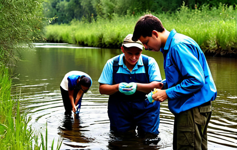 "A group of fully clothed citizen scientists, wearing appropriate field attire, collecting water samples from a river for water quality monitoring, safe for work, professional, perfect anatomy, natural lighting, environmental science project, daytime, diverse group, appropriate content, modest clothing, well-formed hands, proper finger count, natural body proportions."