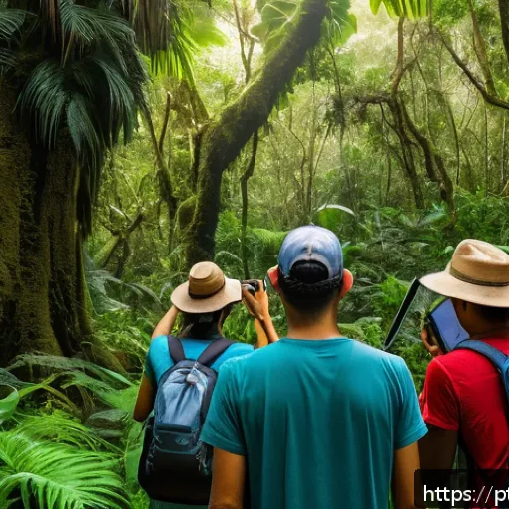 시민과학 프로젝트에서의 기술 활용 - A diverse group of Brazilian citizens using smartphones outdoors in a lush tropical forest, capturin...
