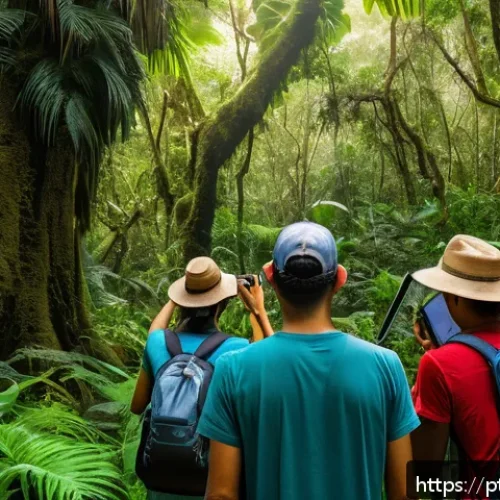 시민과학 프로젝트에서의 기술 활용 - A diverse group of Brazilian citizens using smartphones outdoors in a lush tropical forest, capturin...