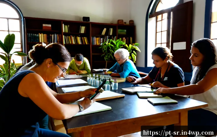 Home 17 시민과학 프로젝트의 기초 교육 자료 - Photorealistic community science workshop in a bright Portuguese coastal town library, diverse adult...