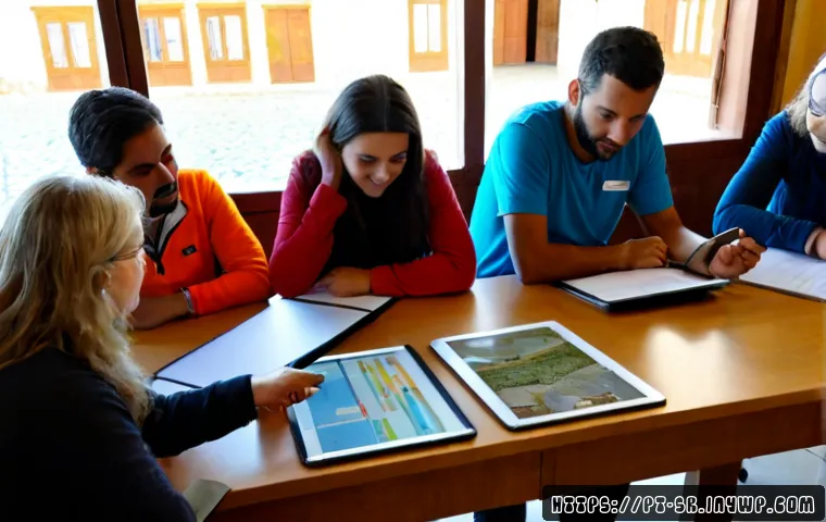 Home 17 시민과학 프로젝트의 피어 리뷰 과정 - Photorealistic community science peer review meeting in a bright Portuguese coastal town library, di...